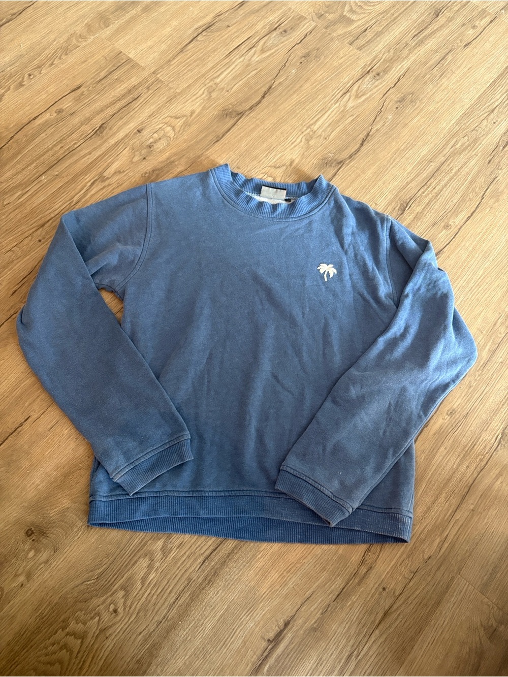 Warriors of Radness Casual Blue Crewneck Sweater with Subtle Palm Embroidery